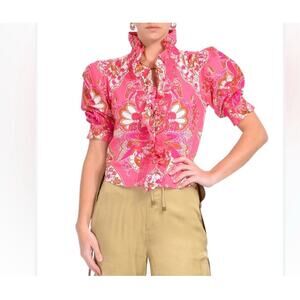 Love the Label Anthropologie Pink Zuri Floral Ruffle Cotton Blouse Womens XS